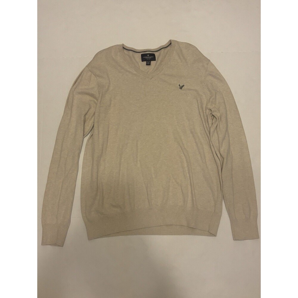 American Eagle Outfitters Men's Beige V-Neck Knit Logo Pullover Sweater XL